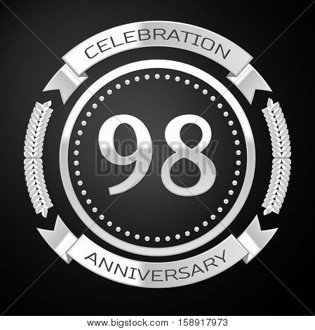 Ninety eight years anniversary celebration with silver ring and ribbon on black background. Vector illustration