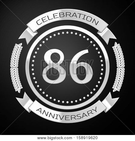 Eighty six years anniversary celebration with silver ring and ribbon on black background. Vector illustration