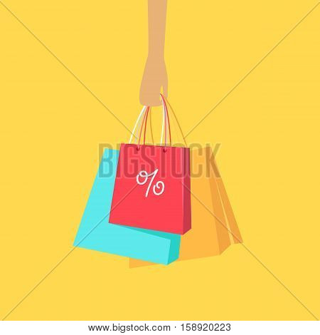 Big sale hot price in woman clothing store. Color shopping paper bags hanging on a female hand flat vector illustration. Black friday. For seasonal sales and discounts promotions design