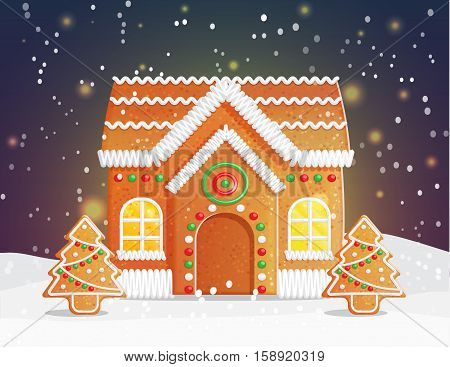 Gingerbread house Christmas night scene backgound, snowy night with stars and traditional gingerbread building with cozy light and festive ornament treess.