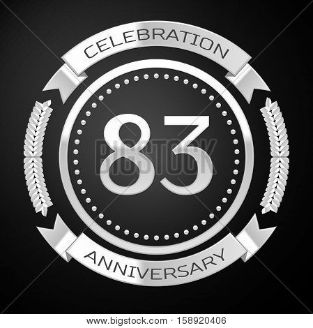Eighty three years anniversary celebration with silver ring and ribbon on black background. Vector illustration