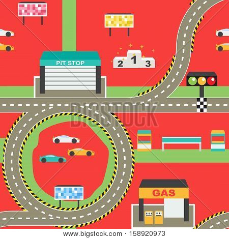 Seamless sport car racing track play mat for children activity and entertainment. Racing competition championship facilities, endless road, stadium environment.