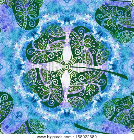 Seamless Background, Tile Ornament, Clover Plants with Symbolical Floral Pattern, with Four-Sheeted Quadrifoliate Tetraphyllous Happy on Hand-Draw Watercolor Painting