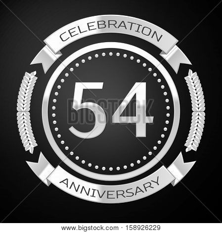 Fifty four years anniversary celebration with silver ring and ribbon on black background. Vector illustration