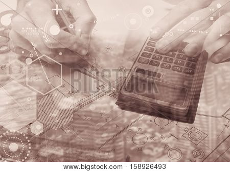 Engineer hands on sketch, abstract technology particle and city background.