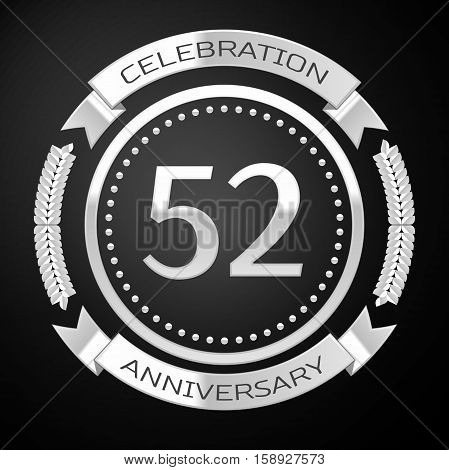Fifty two years anniversary celebration with silver ring and ribbon on black background. Vector illustration