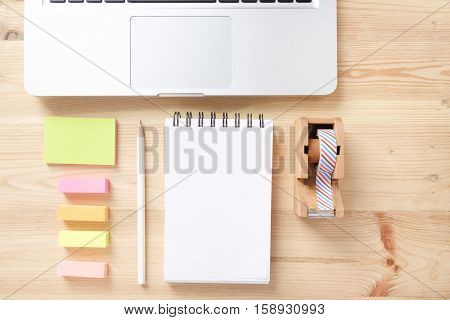 Topview Of Office Stuff On Wooden Working Table.