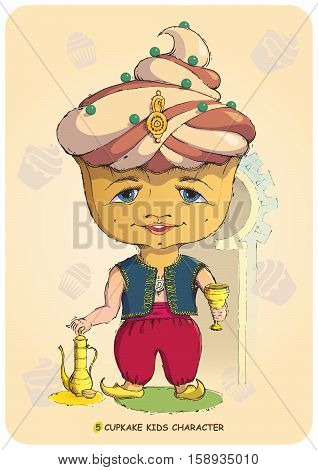 Funny illustration of a hand drawn cartoon character kid stylized sweet cupcake. Emotional states sonfectionery caramel and bakery food