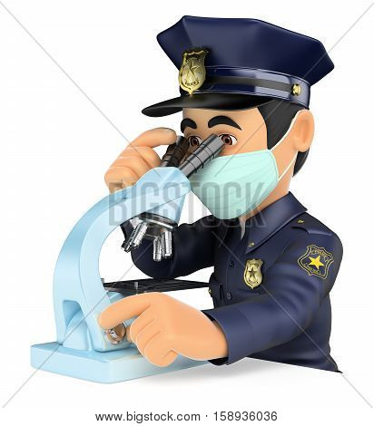 3d security forces people illustration. Scientific police analyzing forensic evidence with a microscope. Isolated white background.