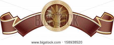 Brown rich elegant banner with gold ripe wheat sheaf. Vector decorative element brand icon or logo template.