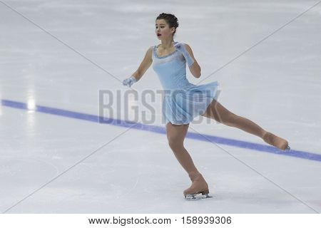 Minsk Belarus -November 19 2016: Unidentified Female Figure Skater performs Ladies Free Skating Program at Ice Star International Figure Skating competition in November 19 2016 in Minsk Republic of Belarus