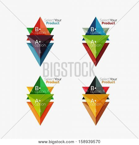 Set of triangle option infographic layouts. Select your product concept, make a choice idea