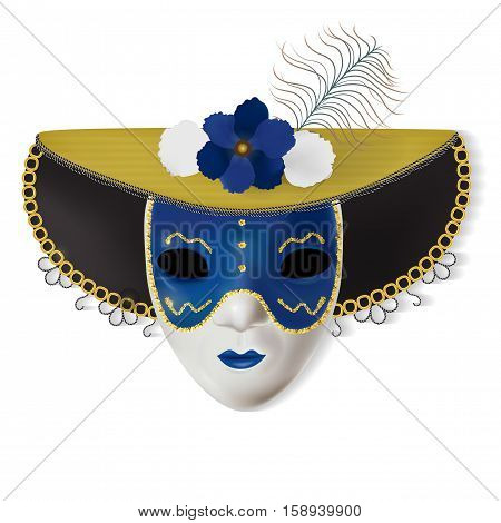 Blue Venetian carnaval mask gold feather white