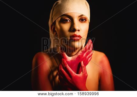 Depressed and stressed woman portrait concept isoladed over black background