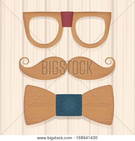 Set of wooden accessories mustache glasses tie