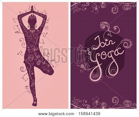 Floral yoga card with tree position woman