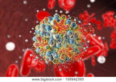 Destruction of hepatitis B virus by silver nanoparticles, 3D illustration. Conceptual image for hepatitis treatment