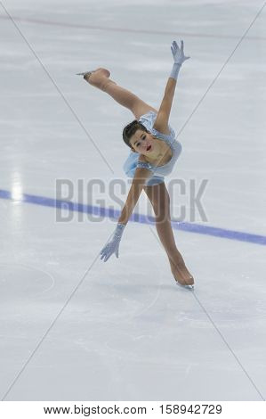 Minsk Belarus -November 19 2016: Unidentified Female Figure Skater performs Ladies Free Skating Program at Ice Star International Figure Skating competition in November 19 2016 in Minsk Republic of Belarus