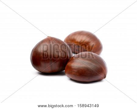Fresh brown chestnuts isolated on white background
