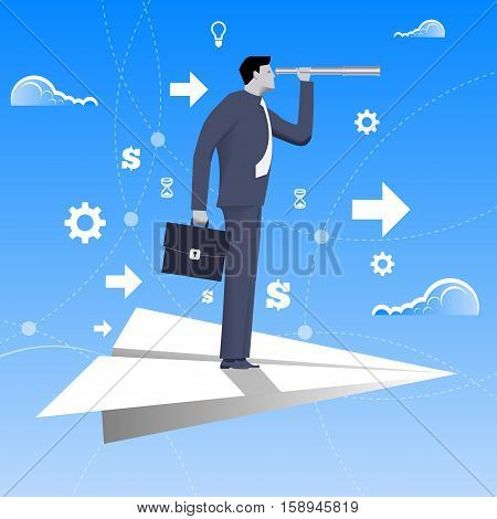 Flying on paper plane business concept. Confident businessman in business suit with case and looking glass flying on paper plane. Searching for opportunities looking for solution.
