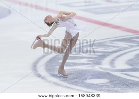Minsk Belarus -November 19 2016: Unidentified Female Figure Skater performs Ladies Free Skating Program at Ice Star International Figure Skating competition in November 19 2016 in Minsk Republic of Belarus