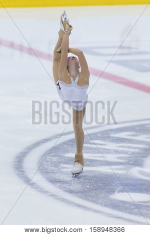 Minsk Belarus -November 19 2016: Unidentified Female Figure Skater performs Ladies Free Skating Program at Ice Star International Figure Skating competition in November 19 2016 in Minsk Republic of Belarus