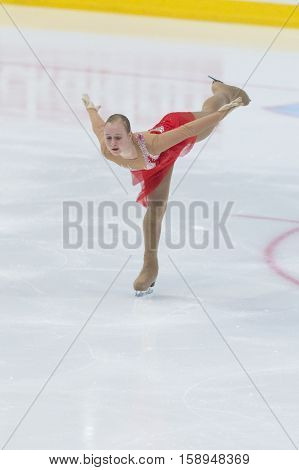 Minsk Belarus -November 19 2016: Unidentified Female Figure Skater performs Ladies Free Skating Program at Ice Star International Figure Skating competition in November 19 2016 in Minsk Republic of Belarus