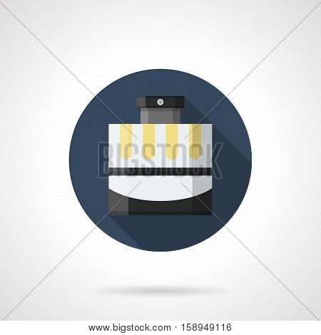 Square bottle with male perfume, long shadow design. Mens perfumery and cosmetic. Modern fashion scents. Round blue flat vector icon.