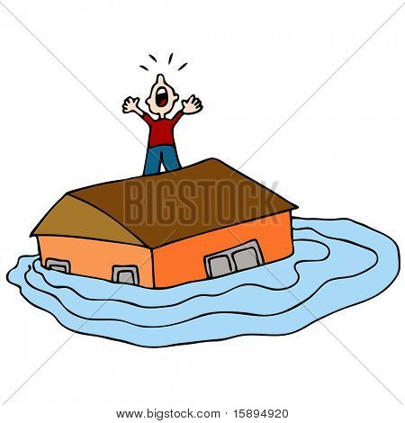 Een beeld van een man op het dak van zijn ondergelopen huis schreeuwen om hulp.