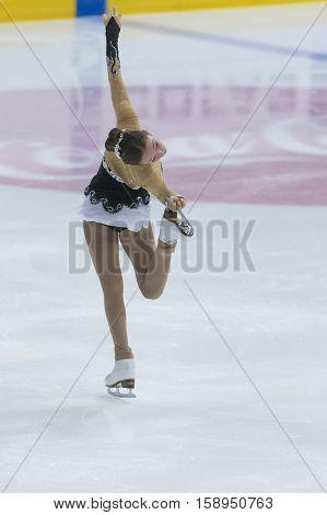 Minsk Belarus -November 19 2016: Unidentified Female Figure Skater performs Ladies Free Skating Program at Ice Star International Figure Skating competition in November 19 2016 in Minsk Republic of Belarus