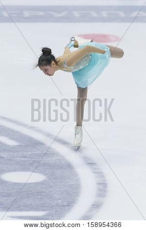 Minsk Belarus -November 19 2016: Unidentified Female Figure Skater performs Ladies Free Skating Program at Ice Star International Figure Skating competition in November 19 2016 in Minsk Republic of Belarus