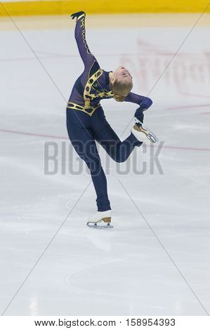 Minsk Belarus -November 19 2016: Unidentified Female Figure Skater performs Ladies Free Skating Program at Ice Star International Figure Skating competition in November 19 2016 in Minsk Republic of Belarus