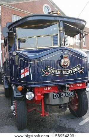 26TH NOVEMBER 2016, PORTSMOUTH DOCKYARD,ENGLAND; A steam driven vehicle on show at the yearly Victorian Christmas festival in Portsmouth dockyard, England, 26th November 2016