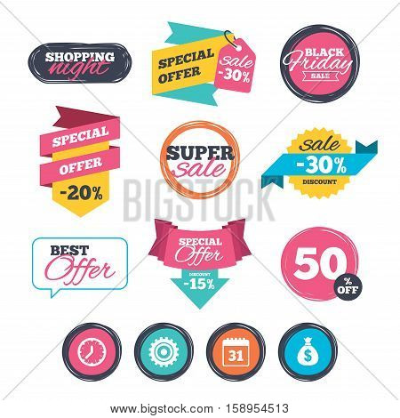 Sale stickers, online shopping. Business icons. Calendar and mechanical clock signs. Dollar money bag and gear symbols. Website badges. Black friday. Vector