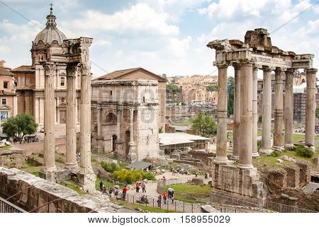 Antique Rome ruins at the Forum Romanum Italy