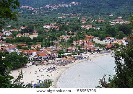 The famous golden beach of Thassos island, located in the village of Skala Potamias.