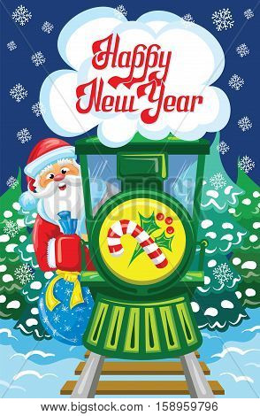 Santa goes by train with blue bag of gifts among night winter forest to celebrate New Year. Christmas scene with falling snowflakes at winter snow night and festive green locomotive.