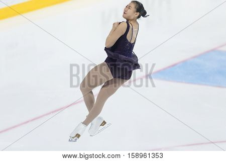 Minsk Belarus -November 19 2016: Unidentified Female Figure Skater performs Ladies Free Skating Program at Ice Star International Figure Skating competition in November 19 2016 in Minsk Republic of Belarus