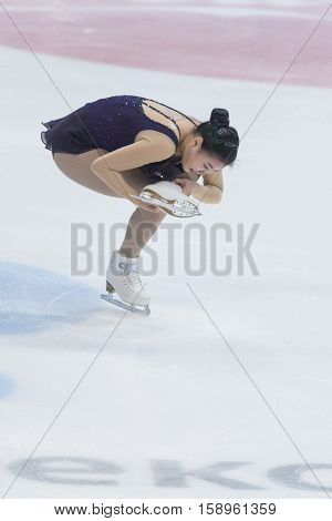 Minsk Belarus -November 19 2016: Unidentified Female Figure Skater performs Ladies Free Skating Program at Ice Star International Figure Skating competition in November 19 2016 in Minsk Republic of Belarus