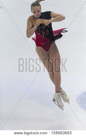 Minsk Belarus -November 19 2016: Unidentified Female Figure Skater performs Ladies Free Skating Program at Ice Star International Figure Skating competition in November 19 2016 in Minsk Republic of Belarus
