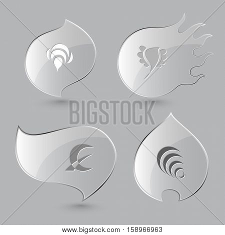 4 images: bee, bird, monetary sign, hanoi pyramid. Abstract set. Glass buttons on gray background. Fire theme. Vector icons.