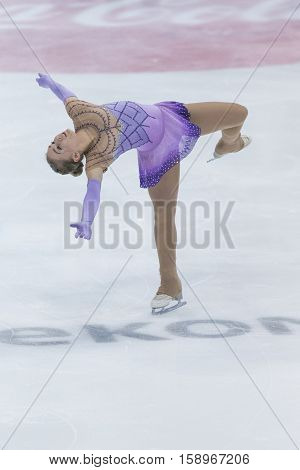 Minsk Belarus -November 19 2016: Unidentified Female Figure Skater performs Ladies Free Skating Program at Ice Star International Figure Skating competition in November 19 2016 in Minsk Republic of Belarus