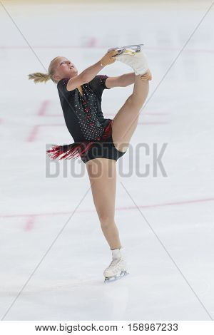 Minsk Belarus -November 19 2016: Unidentified Female Figure Skater performs Ladies Free Skating Program at Ice Star International Figure Skating competition in November 19 2016 in Minsk Republic of Belarus
