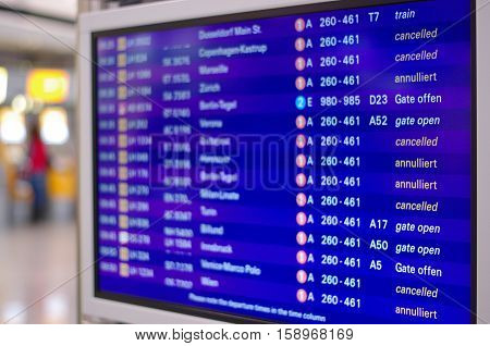Frankfurt am Main, Hessen, Germany - November 29, 2016: Flight information board displaying cancelled Lufthansa flights due to strike by pilots in Frankfurt am Main airport