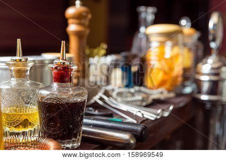 Bartender tools on bar at the night club