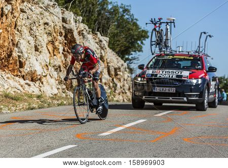 Col du Serre de TourreFrance - July 152016: The Australian cyclist Richie Porte of BMC Racing Team riding during an individual time trial stage in Ardeche Gorges on Col du Serre de Tourre during Tour de France 2016.