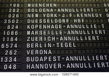 Frankfurt am Main, Hessen, Germany - November 29, 2016: Flight information board displaying cancelled Lufthansa flights due to strike by pilots in Frankfurt am Main airport
