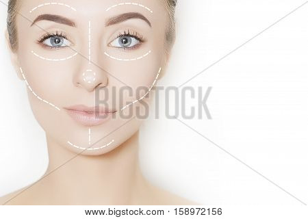 Closeup of female adult with marks on skin for cosmetic medical procedures