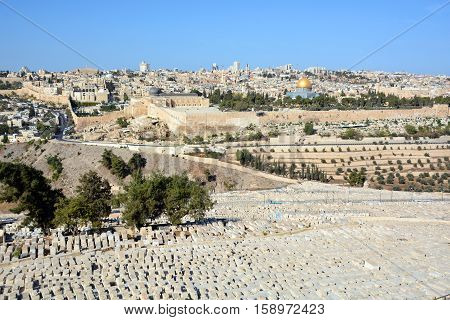 JERUSALEM ISRAEL 23 10 16: Jewish Cemetery on the Mount of Olives, including the Silwan necropolis is the most ancient cemetery in Jerusalem. Burial on the Mount of Olives started some 3,000 years ago