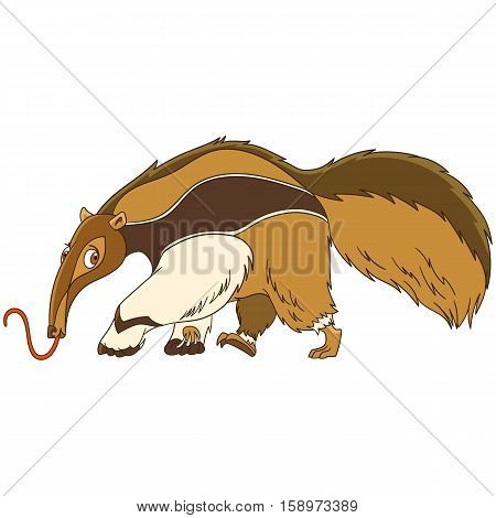 Cute and funny cartoon anteater animal isolated on white background. Childish vector illustration and colorful book page for kids.